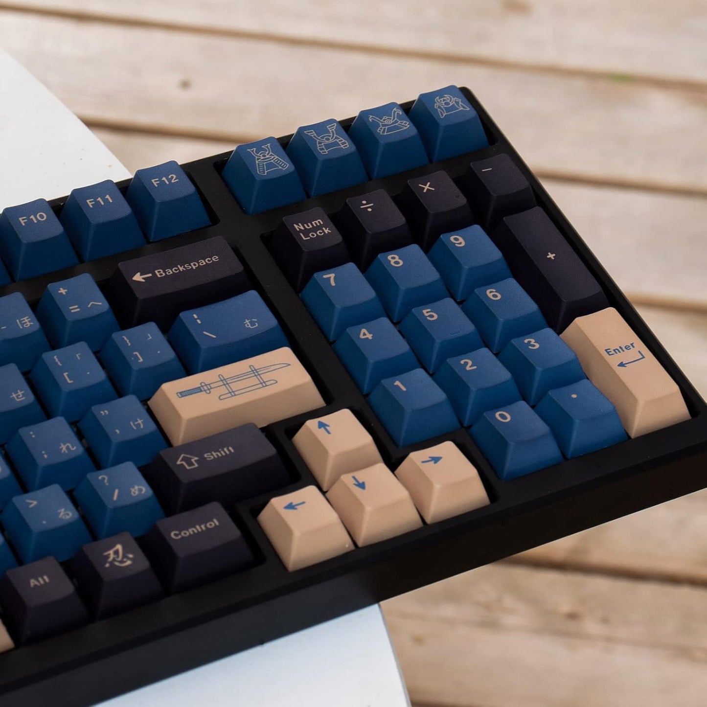PBT Japanese Keycaps with Keycap Puller 129 Keys Cherry Profile Dye Sublimation Blue Samurai Keycaps Set for 61/64/68/84/87/96/104/108 Mechanical Gaming Keyboard