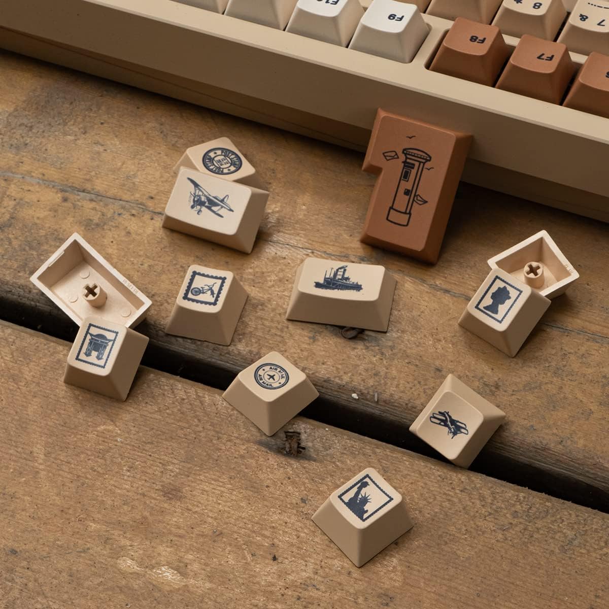 mintcaps PBT Keycaps 143 Keys Cherry Profile Retro Keycaps Set Dye-Sub Postage Stamp ISO ANSI Beige Keycap Custom Keyboard Key caps for 60% 65% 70% 75% Cherry Gateron MX Switches Mechanical Keyboards