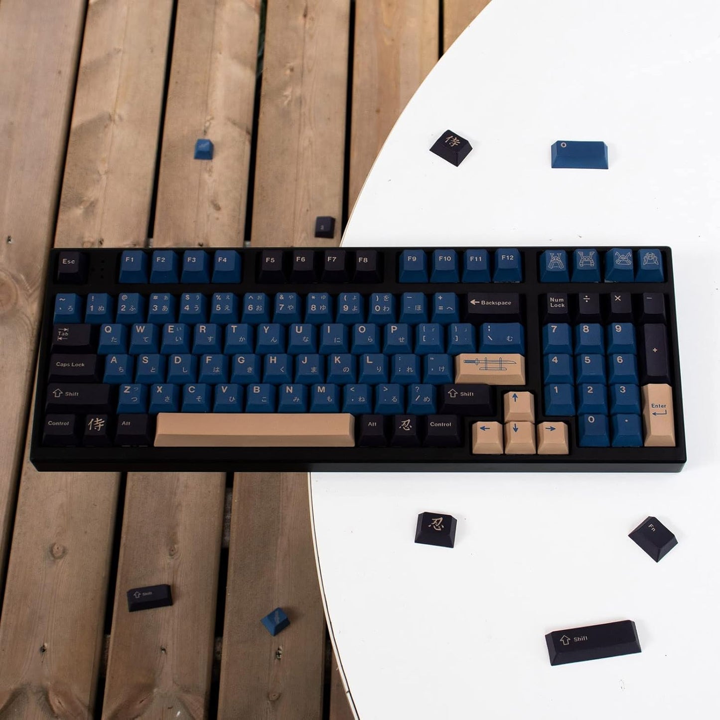 PBT Japanese Keycaps with Keycap Puller 129 Keys Cherry Profile Dye Sublimation Blue Samurai Keycaps Set for 61/64/68/84/87/96/104/108 Mechanical Gaming Keyboard