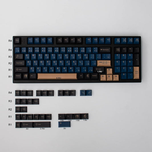 PBT Japanese Keycaps with Keycap Puller 129 Keys Cherry Profile Dye Sublimation Blue Samurai Keycaps Set for 61/64/68/84/87/96/104/108 Mechanical Gaming Keyboard