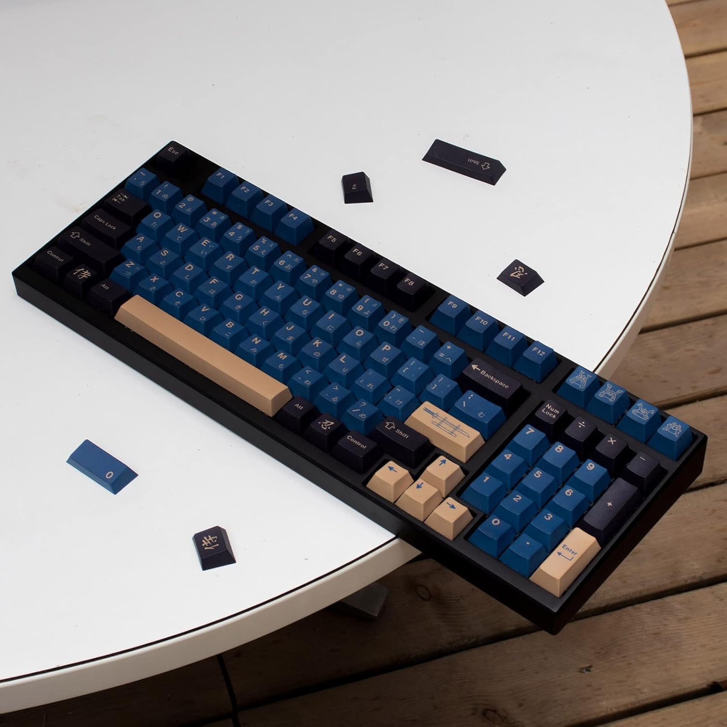 PBT Japanese Keycaps with Keycap Puller 129 Keys Cherry Profile Dye Sublimation Blue Samurai Keycaps Set for 61/64/68/84/87/96/104/108 Mechanical Gaming Keyboard
